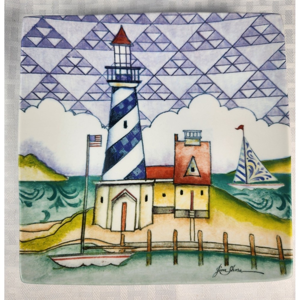 Jim Shore Square Lighthouse Art Plate Signed Curved Up Edges By Cypress Home VTG